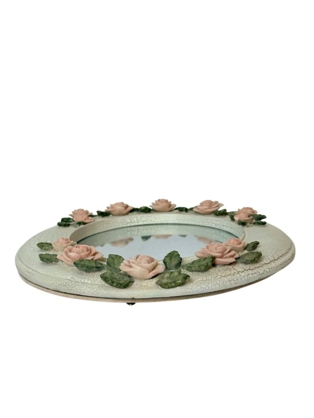 Homco Oval Mirror Roses Distressed White Frame VTG Shabby Chic French Country